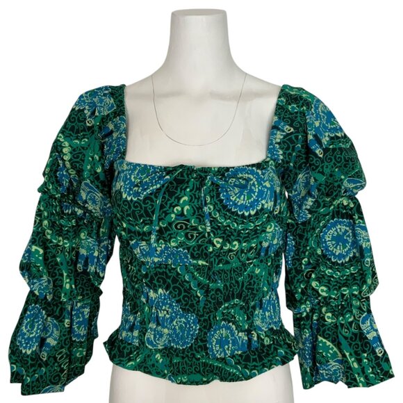Anthropologie Porridge Tiered Poplin Blouse Top XS Green Cropped - Picture 1 of 13